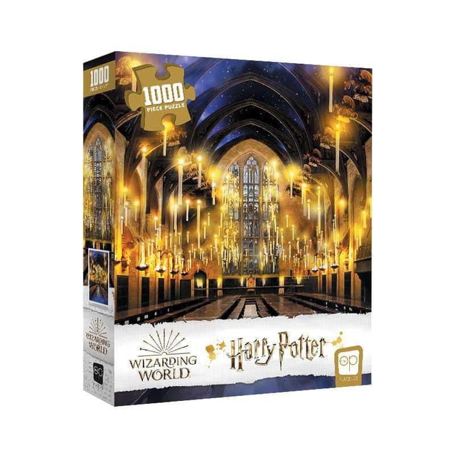 USAopoly Harry Potter “Great Hall” 1000 Piece Puzzle featuring a candlelit depiction of Hogwarts' Great Hall with floating candles, gothic arches, stained glass windows, and long wooden tables under warm golden lighting, suitable for fans and puzzle collectors.