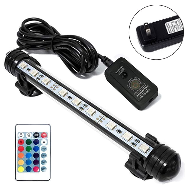 Submersible LED aquarium lights with a colorful acrylic light bar, shown with a remote control, control switch, and power adapter. The light bar features 16 colors and 4 modes, suitable for enhancing fish and plant visibility in aquariums. Includes suction cup brackets for easy mounting and IP68 waterproofing for submersion or attachment inside the tank.