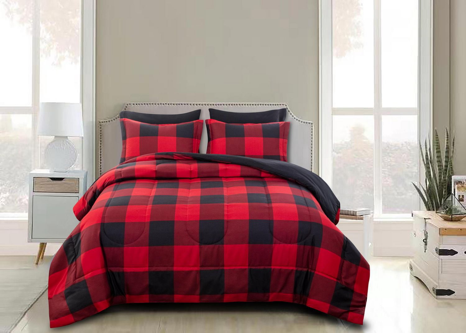Marina Décoration Literie luxueuse ultra douce en duvet d'oie, alternative au duvet d'oie, richement imprimée, avec draps, motif à carreaux rouges et noirs