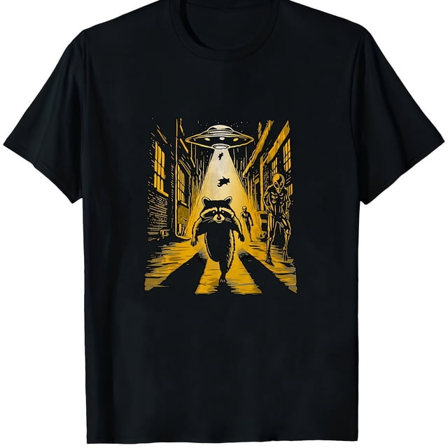 T-Shirt Graphique pour Homme avec Ovni et Raton Laveur - T-Shirt Décontracté à Col Rond en Coton 100 % 230 G/m2, Poids Lourd, avec Design Rétro-Futuriste d'Ovni et de Raton Laveur Extraterrestre, Mode Urbaine Inspiré d'Anime Japonais pour le Printemps et l'Été