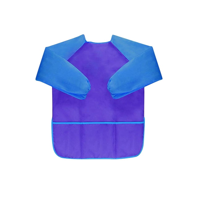 PVCS Children Waterproof Artist Painting Aprons Long Sleeve With 3 Pockets For Age 2-6. A vibrant purple apron with blue long sleeves, designed for kids aged 2 to 6. Features three front pockets for holding art supplies and a waterproof polyester material for easy cleaning. Ideal for painting, cooking, and other creative activities.