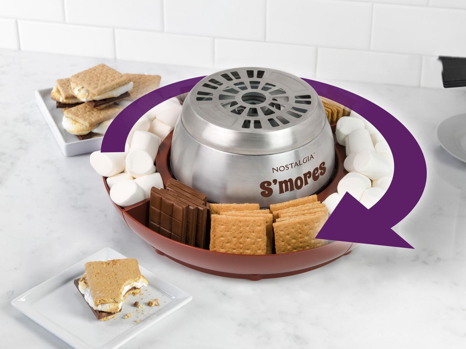Nostalgia Indoor Electric Stainless Steel S'mores Maker with 4 Lazy Susan Compartment Trays