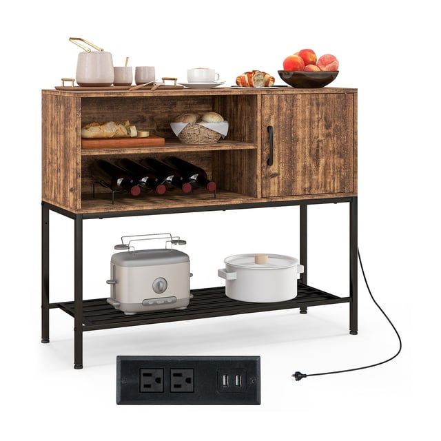 Gymax Buffet Bahut avec Prises de Courant et Ports USB Casiers à Vin et Étagères de Rangement Brun Rustique et Noir
