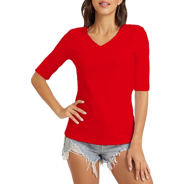 LOVZFMLL Women's T-Shirts V Neck Half Sleeve Solid Color Casual Basic Tees Spring Summer Clothes Outfits Going Out Tops Red 5XL