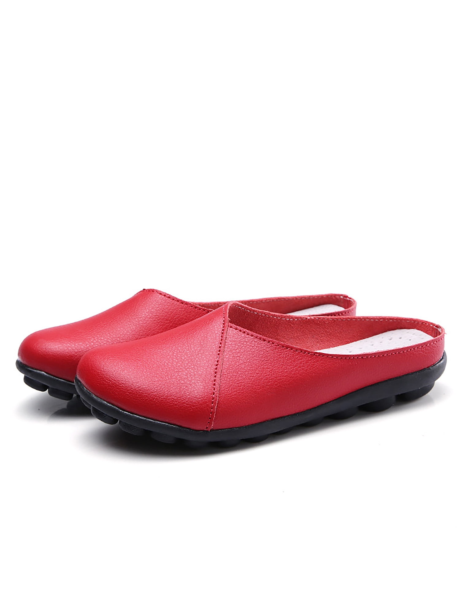 Woobling Womens Mules Slip On Flats Comfort Clogs Lightweight Slides Walking Leather Mule Red US 4