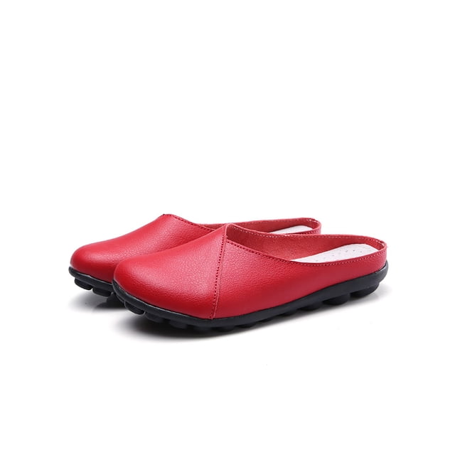 Woobling Womens Mules Slip On Flats Comfort Clogs Lightweight Slides Walking Leather Mule in red, US size 4. These casual, closed-toe mules feature a solid red leather upper, a flat heel, and a durable anti-slip TPR outsole. Designed for all seasons, they are lightweight and suitable for various occasions such as walking, traveling, or casual outings.