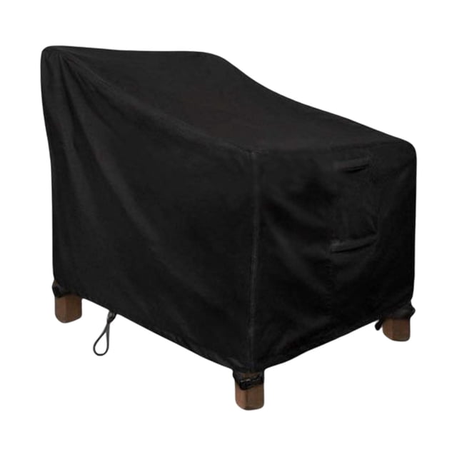 Patio Chair Cover, Waterproof Outdoor Patio Furniture Covers, Dustproof Outdoor. A black polyester cover designed to fit outdoor patio chairs, measuring 37 inches x 31 inches x 30 inches. The cover features an adjustable elastic band for a secure fit and protects against rain, snow, dirt, sun damage, and debris. Lightweight and foldable for easy storage and portability.