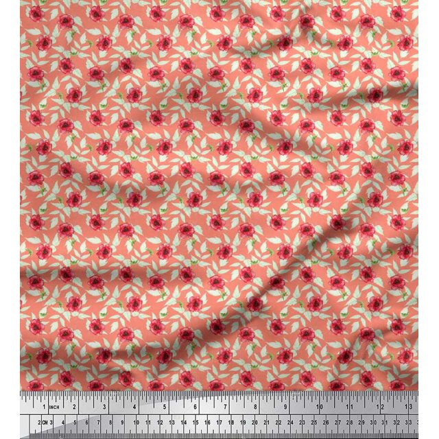 Soimoi Poly Georgette Fabric Leaves & Poppy Floral Print Sewing Fabric Yard 42 Inch Wide