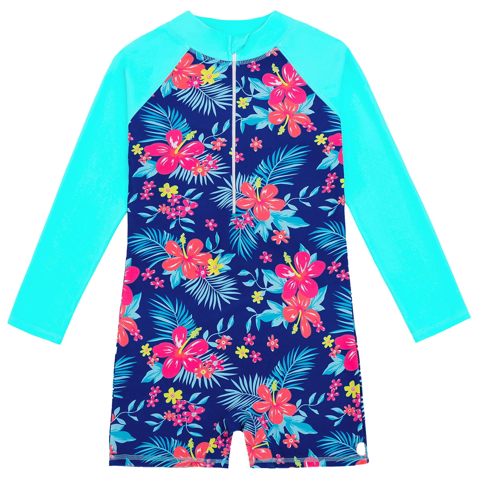PMVFHDE Girls Long Sleeve Rash Guard Swimsuit with Floral Print - UPF 50+ Sun Protection Swimwear, Quick-Dry Front Zip Closure One-Piece Bathing Suits for Toddler Kids Navy,6-7 Years