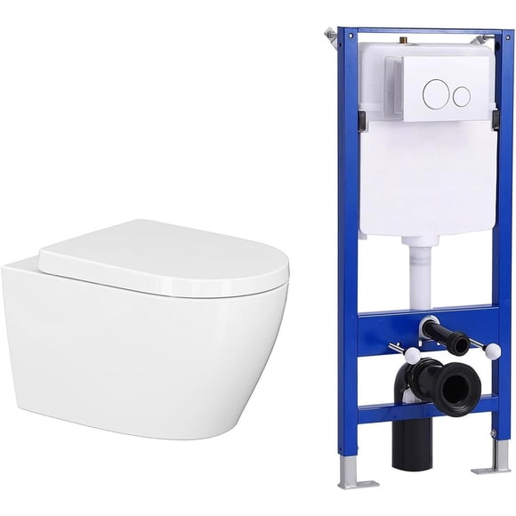 Wall Hung Toilet Combo Set, Concealed In-Wall Toilet Tank Carrier System, Adjustable Wall Mounted Toilet Bowl with Soft-Close Seat,Dual Flush Push Buttons Included, White