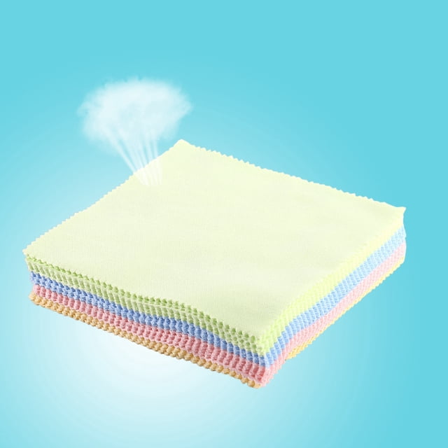 70Pcs Microfiber Screen Cleaning Cloth in assorted colors including green, blue, yellow, and pink, stacked neatly against a light blue background. Ideal for cleaning eyeglasses, sunglasses, camera lenses, computer screens, TV screens, and LCD screens. Part of camera cleaning kits, these cloths are made of soft microfiber material with high flexibility, water absorption, and durability.