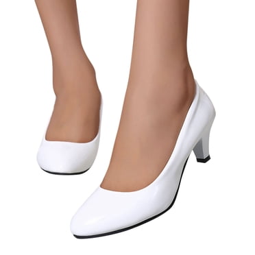 Dakaela Women's Pumps Low Chunky Block Heel Round Toe Platform Heels Office Work Dress Shoes White 9