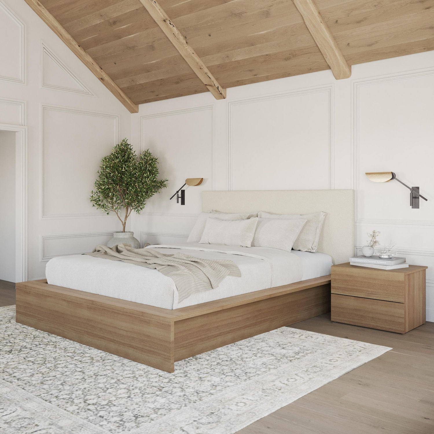 Ensemble de chambre à coucher Jane 3 pièces avec lit queen size, tête de lit rembourrée et table de chevet