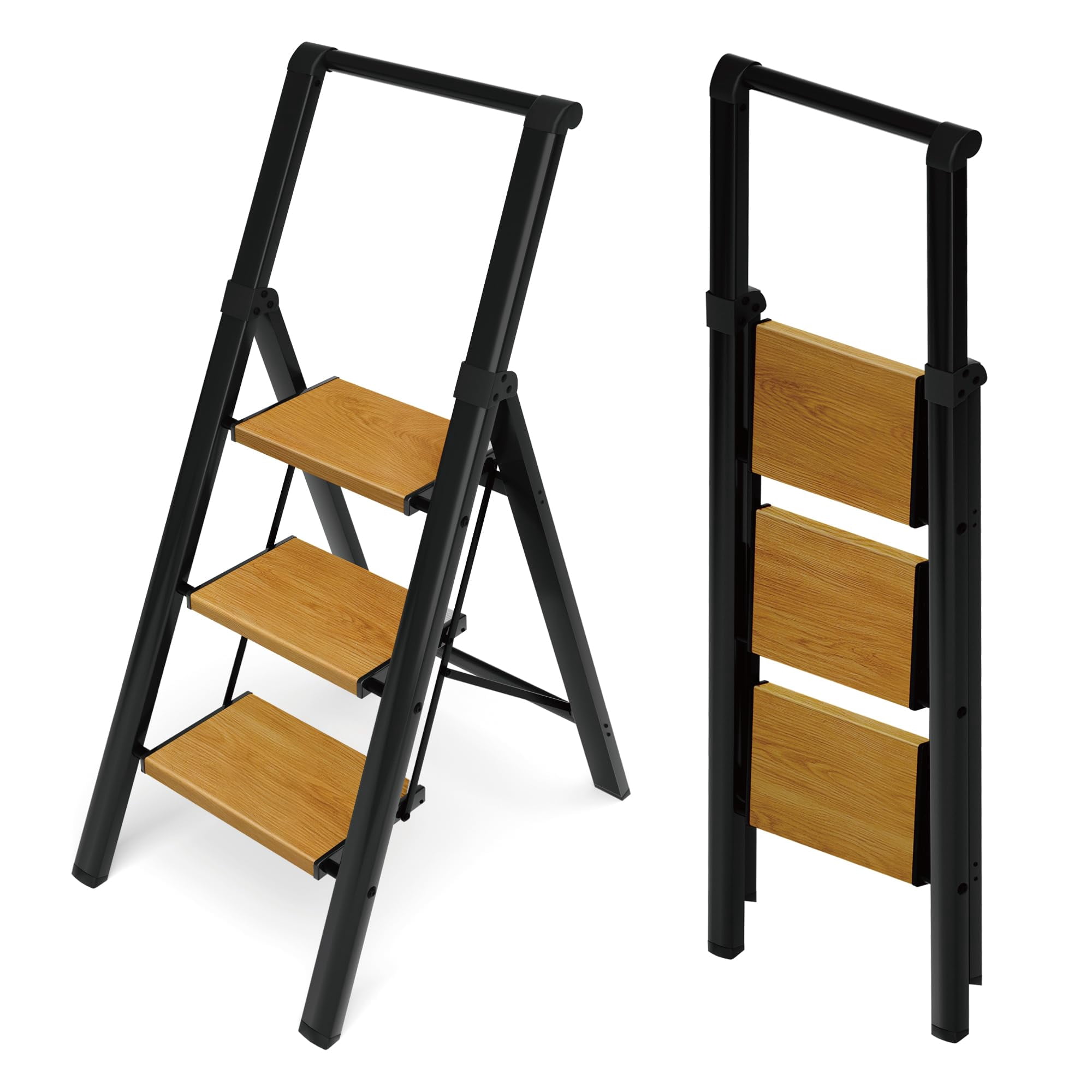 HillhutApex 3 Step Foldable Aluminum Step Ladder with Handgrip Anti-Slip Wide Pedal 330 lbs Capacity Lightweight & Portable for Home Kitchen Office (Black & Woodgrain)