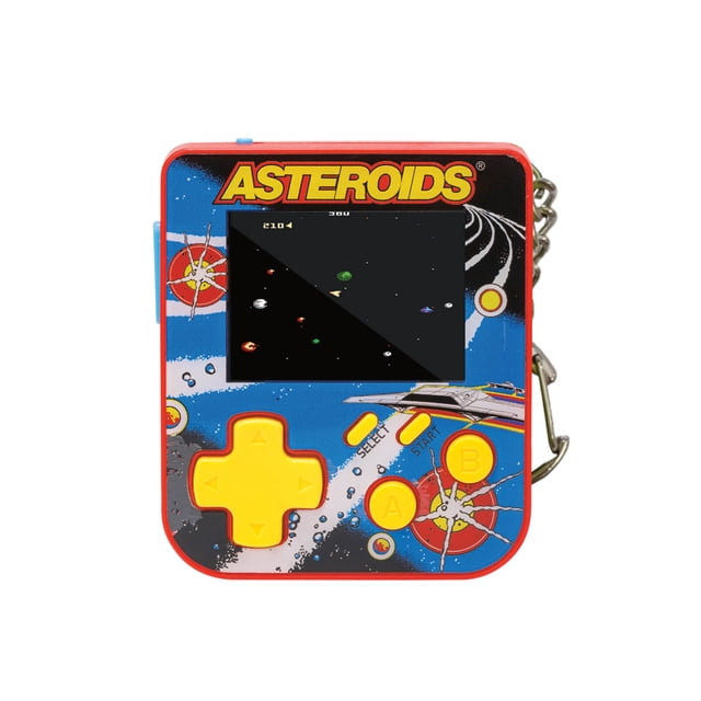 SUPER MICRO – Porte-Clés Astéroïdes GAMER compact Rétro Jeu Vidéo Portatif avec Écran RVB de 2 Pouces 240x320 Affichant le Jeu des Astéroïdes, Boîtier Rouge et Bleu avec Pavé Directionnel Jaune et Boutons, Porte-Clés en Métal Intégré, Comprend les Jeux Atari Classiques Astéroïdes, Gravitar et Yars Revenge, Idéal pour les Amateurs de Jeux Rétro Portatifs.
