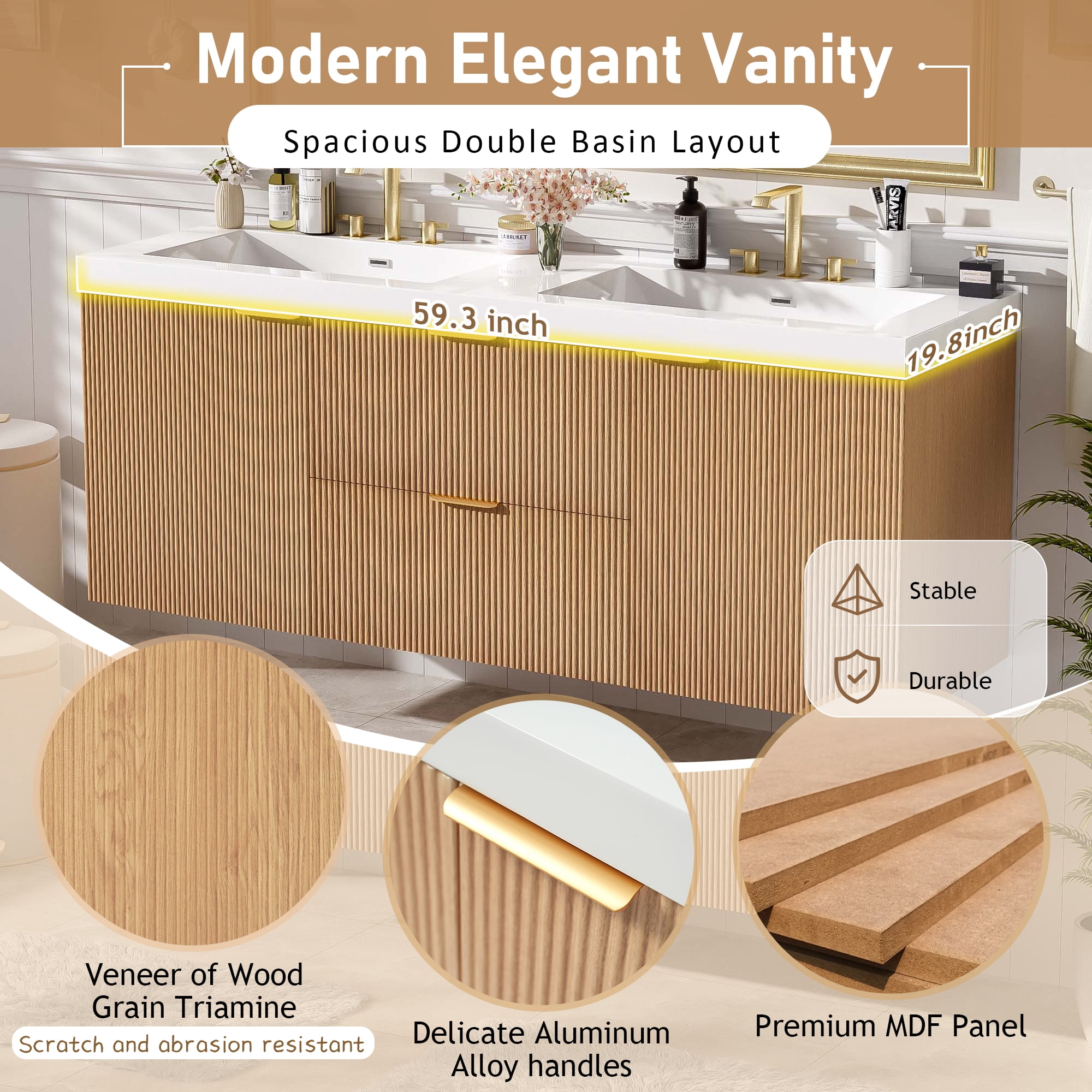Noble House 59.3" Double Sink Bathroom Vanity, SMC Resin Top, Soft-Close Doors, Wall-Mounted, Modern Style