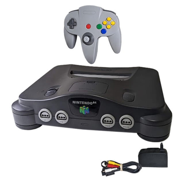 N64 Player Pak featuring an original Nintendo 64 console in black, a new grey replica N64 controller with 10 buttons, precise analog stick, and classic D-pad, along with a jumper pak, power cord, and AV cables for TV hookup. The console is in good used condition, free from major chips, cracks, or discoloration, and has been refurbished and inspected. Includes a 1-year warranty.