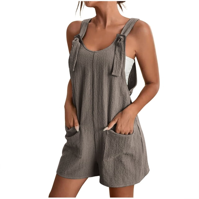 AherBiu Boho Jumpsuit for Women Short Beach Suspenders One-Piece Summer Outfits Solid Color Rompers with Pockets