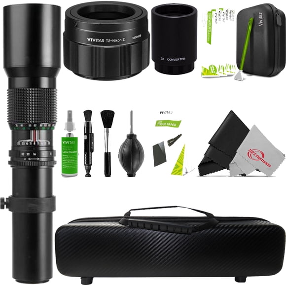 Vivitar 500mm f/8.0 Preset Telephoto Lens + Vivitar T-Mount to Nikon Z-Mount Adapter + Digital 2X Converter for SLR & Digital Lenses + Lens Hard Shell Case + Professional Cleaning Kit