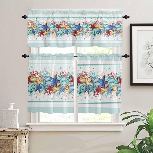 Summer Ocean Beach Teal 3-Piece Kitchen Curtain Set, Rod Pocket Kitchen Curtain Valance and Tiers Set, Washable Drape Window Treatment Set, Starfish Shells Coral Conch