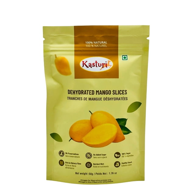 Kasturi Tranches de Mangue Kesar Séchée 100 % Naturelle 50 g dans une Pochette Dorée Refermable avec des illustrations Vibrantes de Mangue. l'Emballage Met en Valeur des Caractéristiques comme Sans Agents de Conservation, Sans Sucre Ajouté, 100 % Végétalien, Riche en Fibres Alimentaires et Riche en Nutriments. Parfait pour les Collations, les smoothies Ou la Pâtisserie.