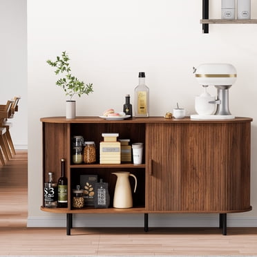 MARNUR Buffet Bahut 55 Pouces Armoire de Rangement avec 2 Portes Tambour Coulissantes, Tablettes Ajustables pour Cuisine Bureau Chambre Couloir Entrée, Noyer
