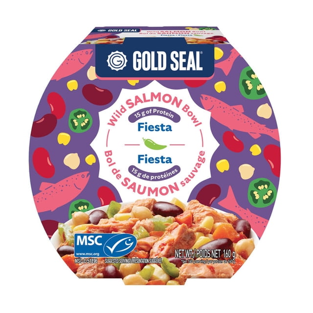 Wild Salmon Bowl Fiesta by Gold Seal showing a ready-to-eat wild pink salmon stir-fry with rice, carrots, peas, kidney beans, and green chili in soy sauce, MSC certified with 15 grams of protein per 160g serving, in a round container with colorful fish and vegetable illustrations on a purple background, ideal for a high-protein meal anytime.