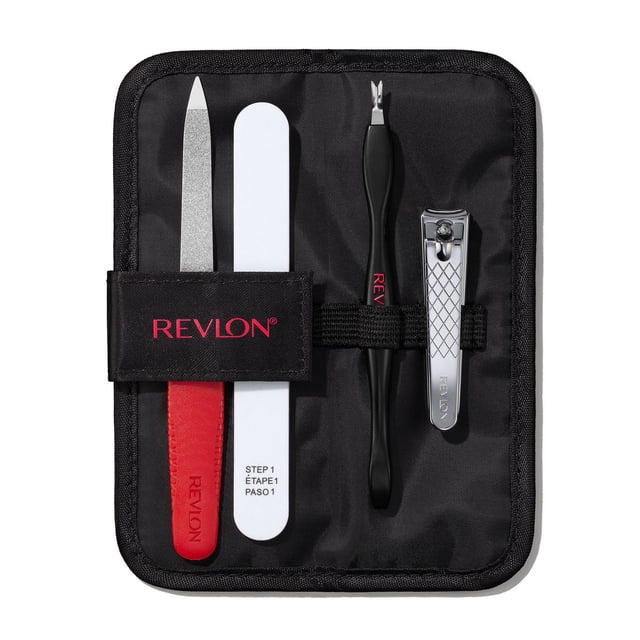 Revlon® Manicure Essentials Kit with four manicure tools including a red-handled metal nail file, white compact Emeryl™ nail file labeled Step 1, black dual-ended cuticle trimmer with Revlon branding, and silver curved blade nail clipper, all secured in a black travel case with a Revlon logo strap, suitable for nail care and grooming anywhere.