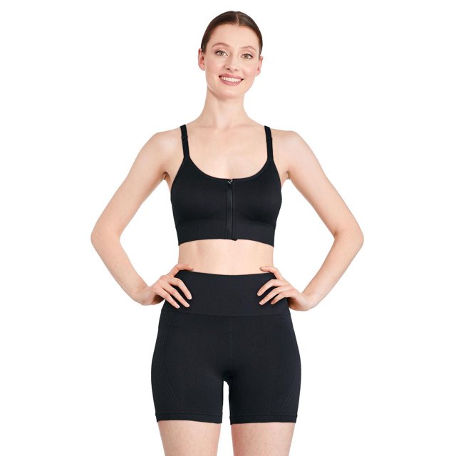 Athletic Works Soutien-gorge à Fermeture Éclair pour Femme en Noir avec Tricot jacquard Sans Coutures, Bretelles spaghetti Ajustables, Fermeture Éclair avant, Encolure Ronde et Bande Élastiquée pour un Ajustement Sûr, Montré sur un Modèle avec Short Athlétique Noir Taille Haute. Idéal pour l'Entraînement, le Soutien et le Confort.