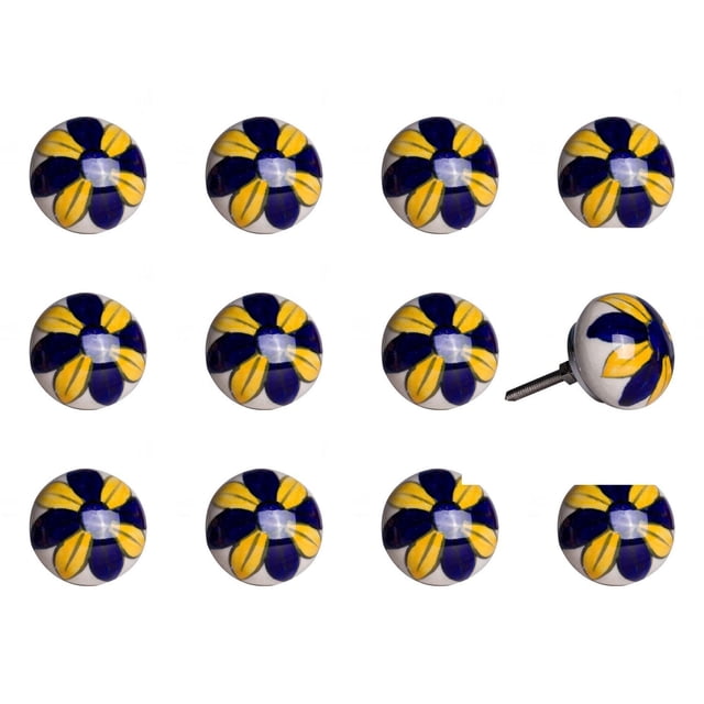 KNOB-IT Vintage Handpainted Ceramic Knobs 12-Pack featuring round ceramic knobs with a handpainted blue and yellow floral design on a white base, each 1.5 inches in diameter with a 1.25-inch bolt that can be trimmed, ideal for cabinets, drawers, and furniture hardware, shown in a grid with one knob angled to display the metal bolt for installation.