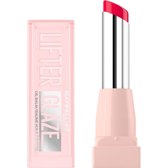 Maybelline New York Lifter Glaze Oil Balm in a light pink rectangular tube with clear cap embossed with 'LIFTER GLAZE', featuring a bright red tinted balm stick with silver metallic base, delivering up to 24-hour hydration and a smooth, glossy lip finish.