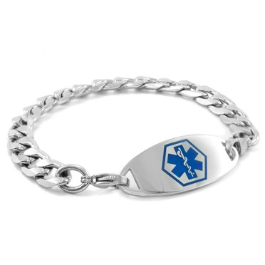 MedicEngraved Bracelet à Maillons Gourmette 9 mm en Acier Inoxydable 316L Chirurgical avec Étiquette Médicale en Émail - Gravure Médicale Incluse