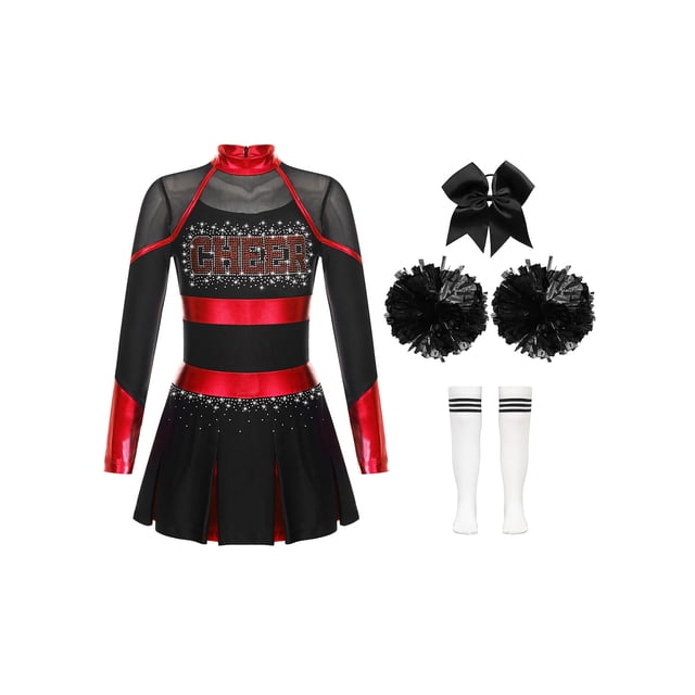 Hansber Tenues de Cheerleading pour Filles Uniforme de Cheerleading Déguisement avec Pompons Couvre-Chef Bas Ensemble Rouge&Blanc 10