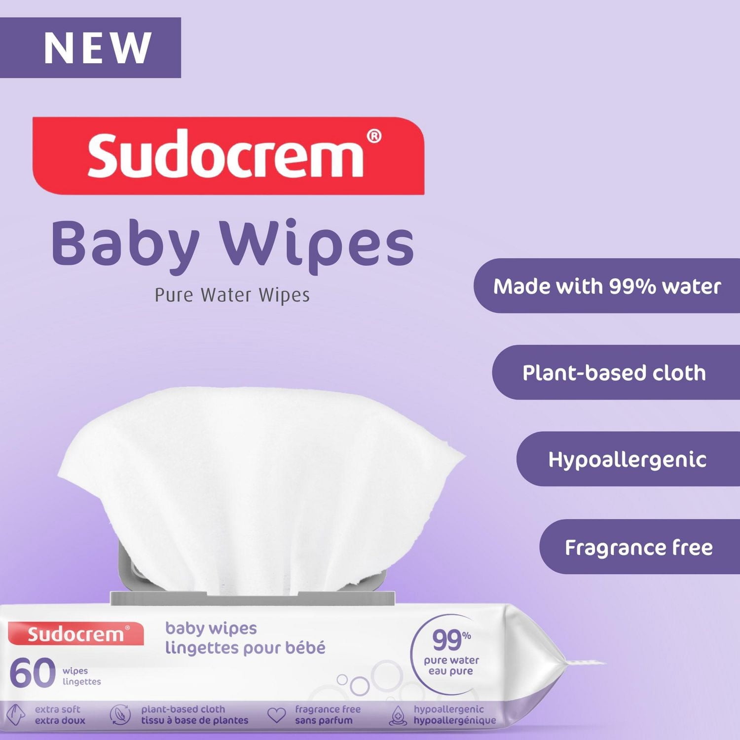 Lingettes pour bébé à l'eau pure Sudocrem® - 180 lingettes |Peaux sensibles