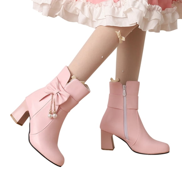 LSLJS Bottines Courtes pour Femmes Automne Hiver à Nœud et Franges Lorita à Talon Épais, Bottines à Talons Hauts pour Femmes