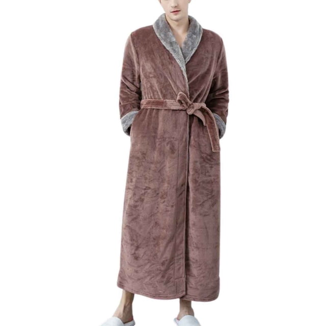 Penkiiy Fleece Robe Bathrobe Men's Couple Style Bathrobe Contrast Panel Winter Nightgown+Belt XL Coffee