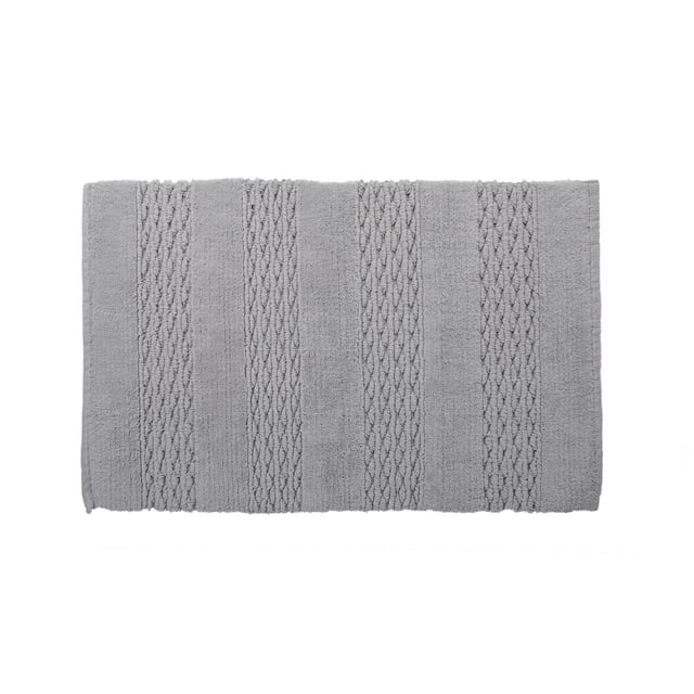 Regal Bath Rug in grey, 20 by 30 inches, 100% cotton with alternating smooth and braided textured stripes, designed as a machine washable bath mat suitable for bathroom accessories.