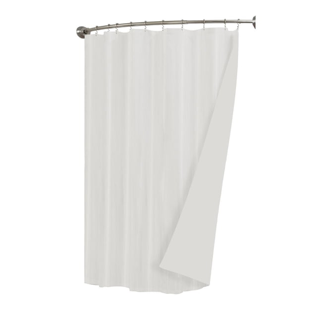 Hometrends Waterproof Fabric Shower Liner in white hanging on a curved metal rod with buttonhole hooks, made of soft polyester fabric with laminated polyethylene waterproof backing, measuring 70 by 72 inches for standard showers or bathtubs.
