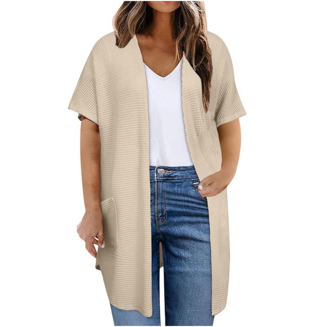Plebaso Womens Plus Size Cardigan Short Sleeve Summer Cardigans Open Front Casual Blouses with Pockets