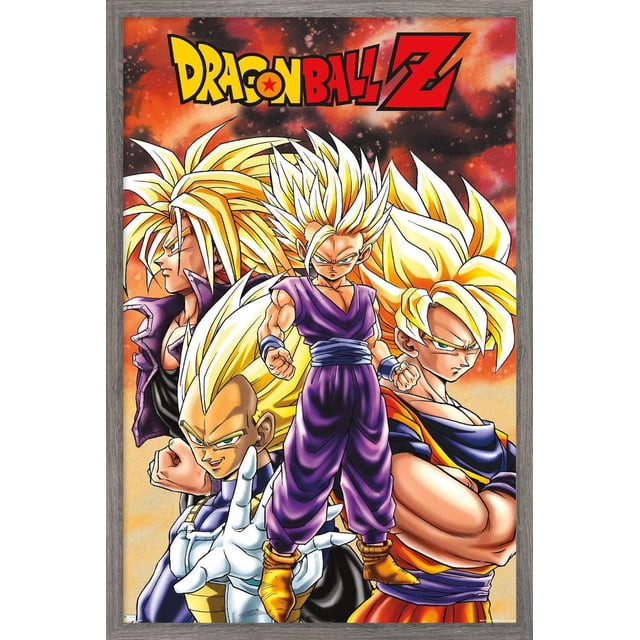 Dragon Ball Z - Saiyans Wall Poster, 22.375" x 34", depicting four muscular Super Saiyan characters with bright yellow spiky hair in front of a fiery orange and black cosmic background, printed on glossy poster paper with a gray wood frame, ideal for decorating bedrooms, offices, or fan spaces.