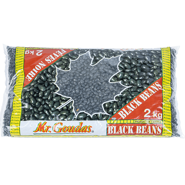 MG BLACK BEANS 2 kg clear plastic bag of Mr. Goudas black beans with a maple leaf-shaped window showing glossy black beans inside, labelled product of Canada, ideal for nutritious meals in Caribbean and African cooking.