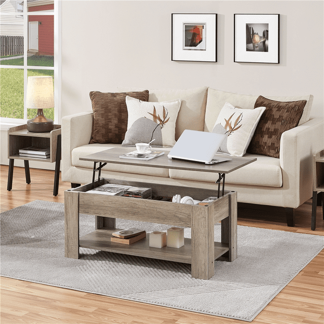 Fullfurnique Lift Top Coffee Table with Hidden Compartment & Open Shelf, Gray