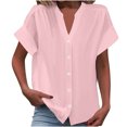 thumbnail image 1 of Timegard Short Sleeve Tops for Women Summer V-Neck Button down Shirts Solid Color Office Casual Loose Tops, 1 of 6