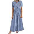 thumbnail image 1 of fartey Women Plus Size Sundresses Button Down Ruffle Layered Hem Pockets Maxi Dress Roomy Solid Color V Neck Short Sleeve Dresses, 3XL-5XL, 1 of 5