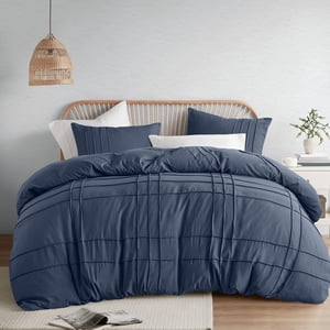 Comfort Spaces Navy Full Size Duvet Cover Set - 3-pc Pintuck Pleated Duvet Cover, All Season Lightweight, Extra Softness Pre-Washed Microfiber Bed Cover Shams