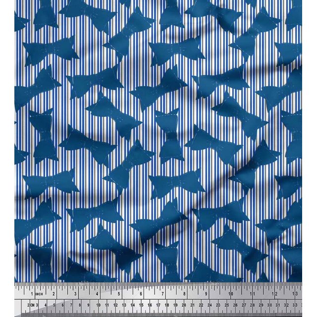 Soimoi Blue Satin Silk Fabric Bow & Stripe Print Sewing Fabric Yard 42 Inch Wide