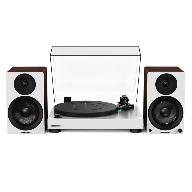 Fluance RT81 Elite High Fidelity Vinyl Turntable (White) with Ai41 Powered 5" Stereo Bookshelf Speakers (White Walnut), Diamond Stylus, Belt Drive, Built-in Preamp, 90W Class D Amplifier, Bluetooth