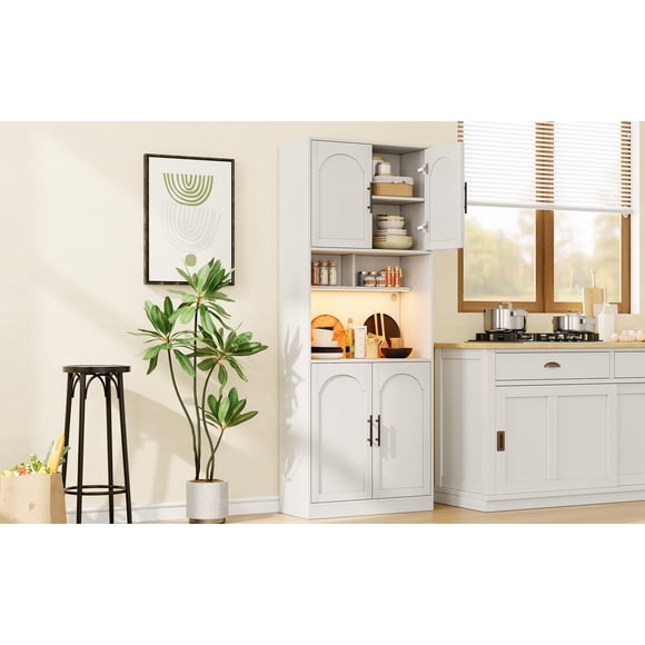 Armoire de Garde-Manger Blanche de 71 Pieds' de Hauteur avec Lumière DEL - Vaisselier de Cuisine Autoportant avec Tablette pour Micro-Ondes, Portes et Tablettes Ajustables - Organisateur de Rangement Multi-Pièces - Armoire pour Salle à Manger, Salon, Salle de Bain - Blanc