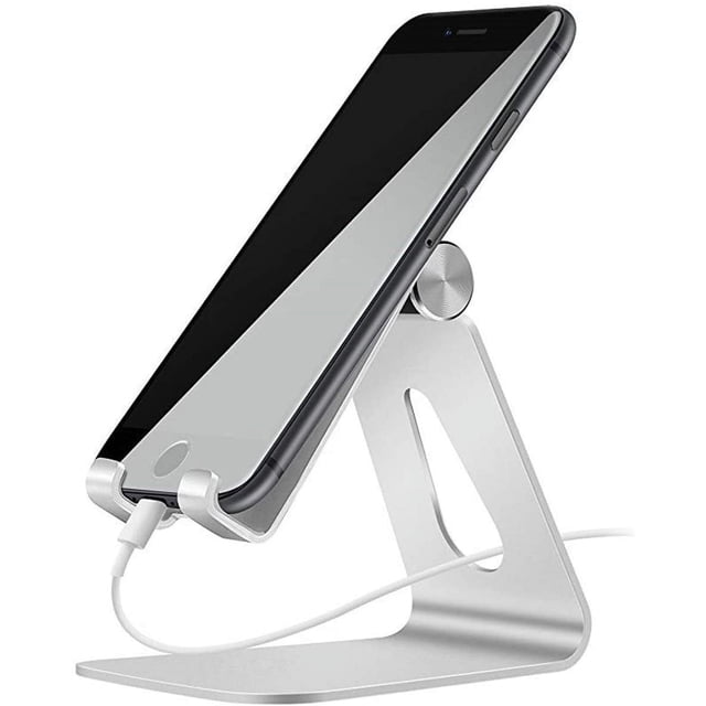 Cell Phone Stand Desk Adjustable Aluminum Mobile Phone Holder with a durable aluminum build, hollow base for heat dissipation, and cable organization. Features adjustable angles and anti-slip silicone pads for stability. Compatible with smartphones between 4 and 8 inches, such as iPhone, Samsung Galaxy, Huawei, and more. Ideal as a phone holder for desk use.