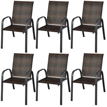 Costway Ensemble de 6 Chaises de Salle à Manger en Rotin pour Patio Empilables avec Accoudoirs Jardin Brun Mélangé